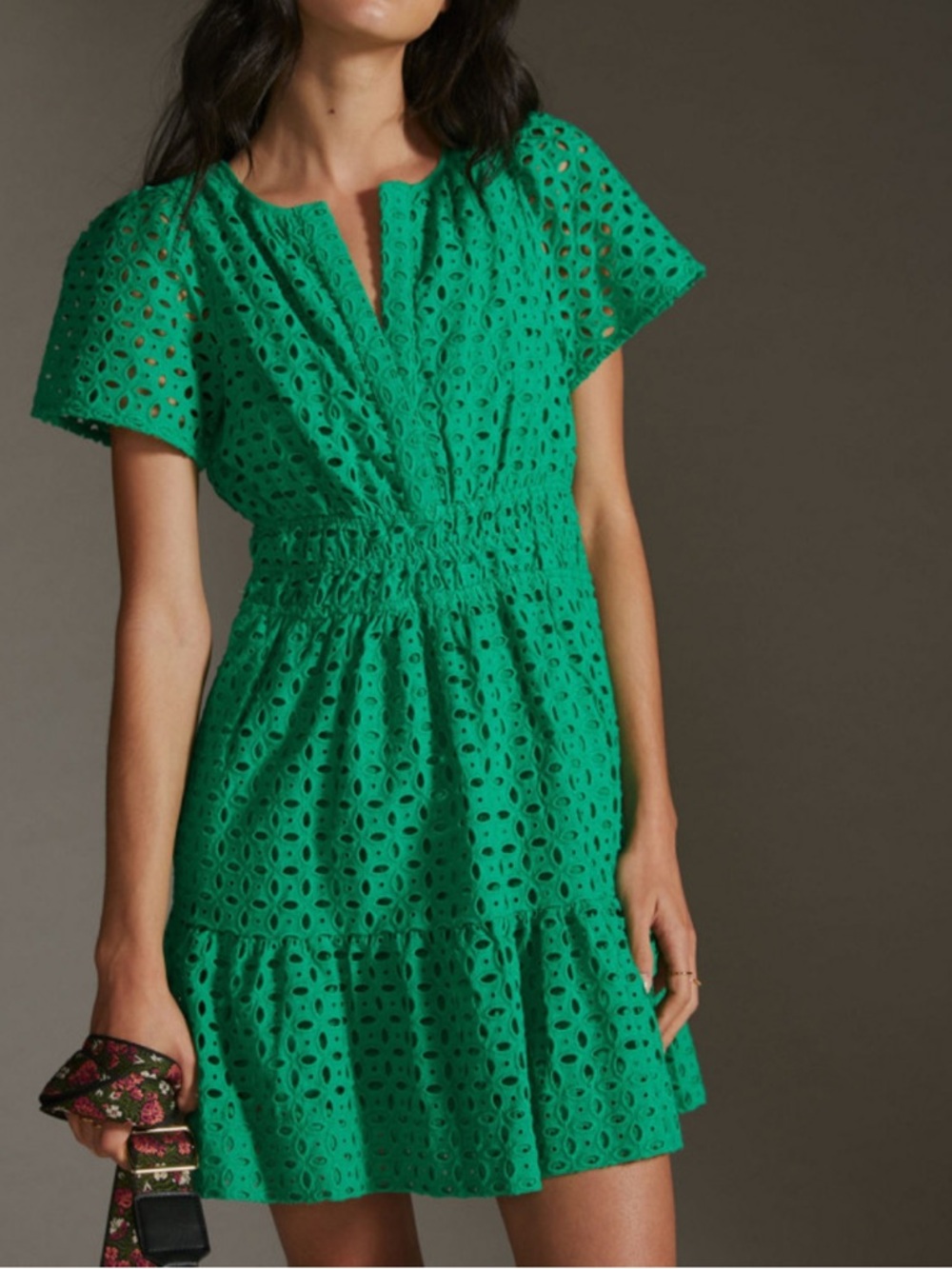Anthropologie Green Eyelet Tiered Mini Dress